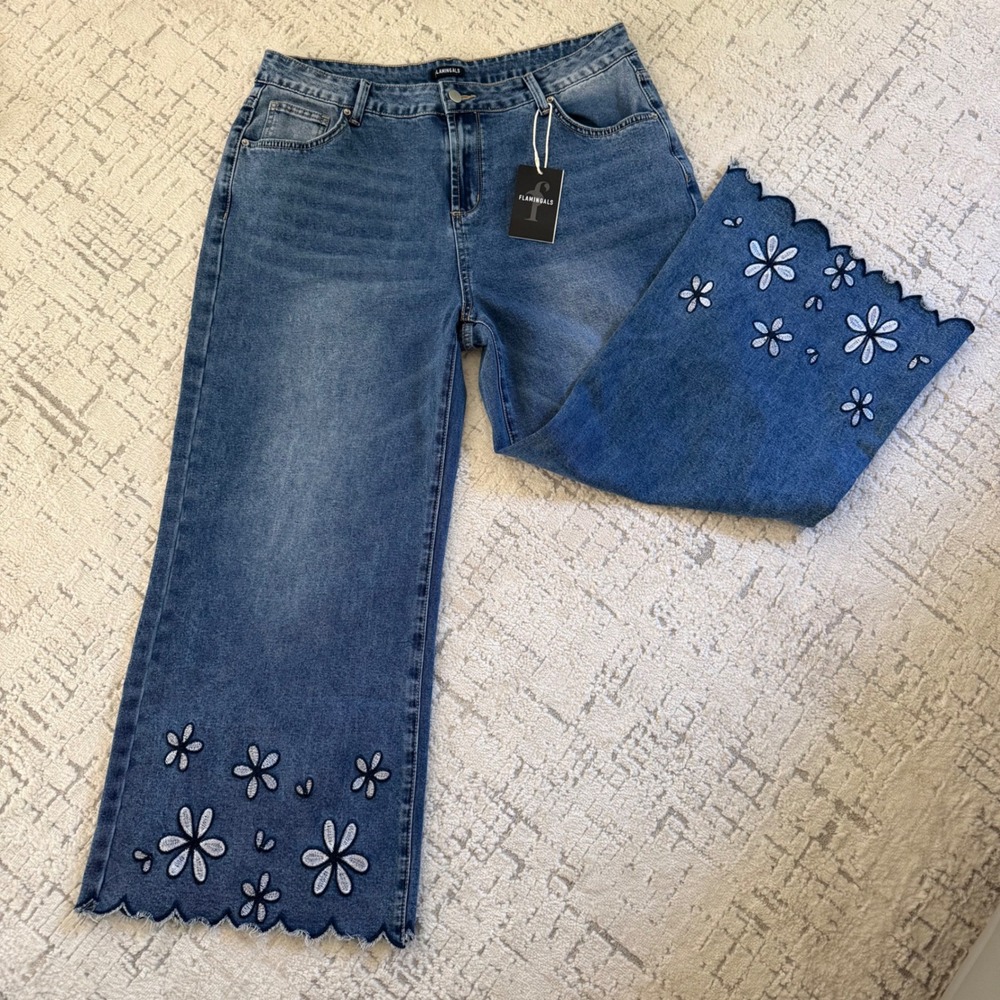 Flamingals Blue Floral Embroidered Scallop Hem Wide Leg Crop Jeans 2XL NEW
